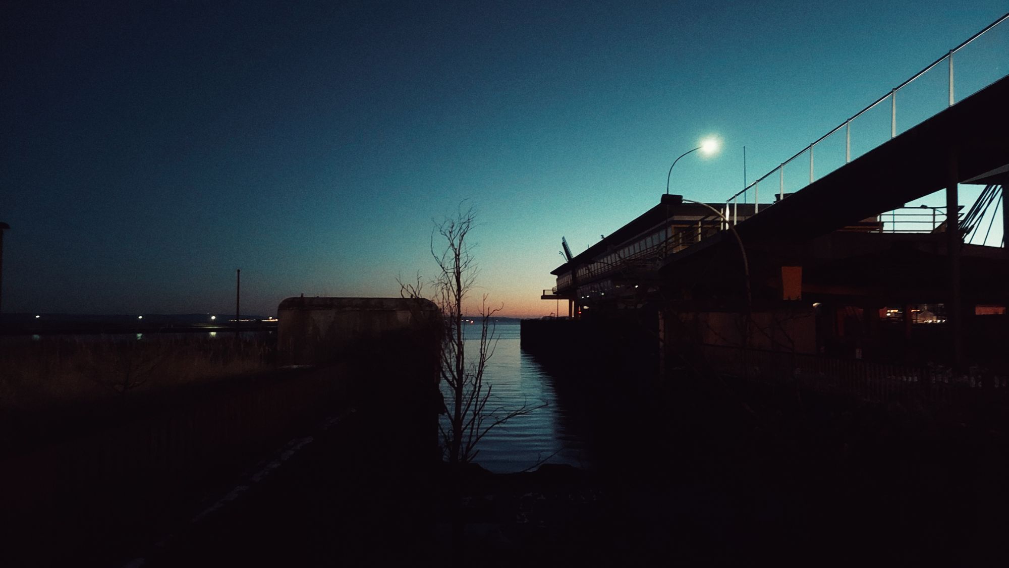 Old Sassnitz ferry terminal after dusk.